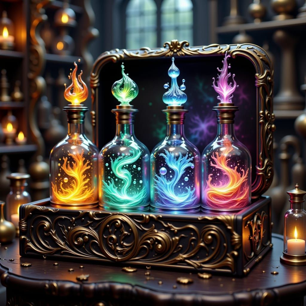 Magical Elemental Bottles in Ornate Box, Fantasy Apothecary