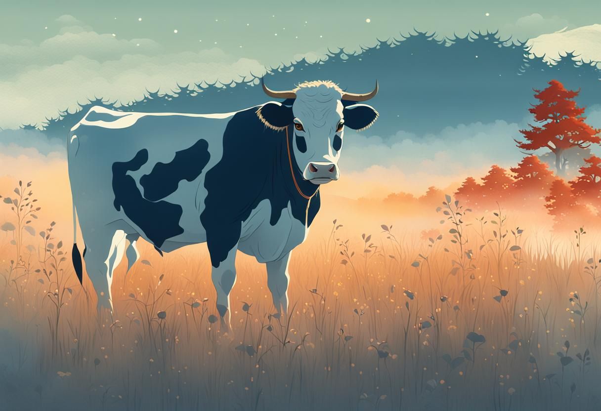 Cow Yokai in Serene Field: Ukiyo-e Style