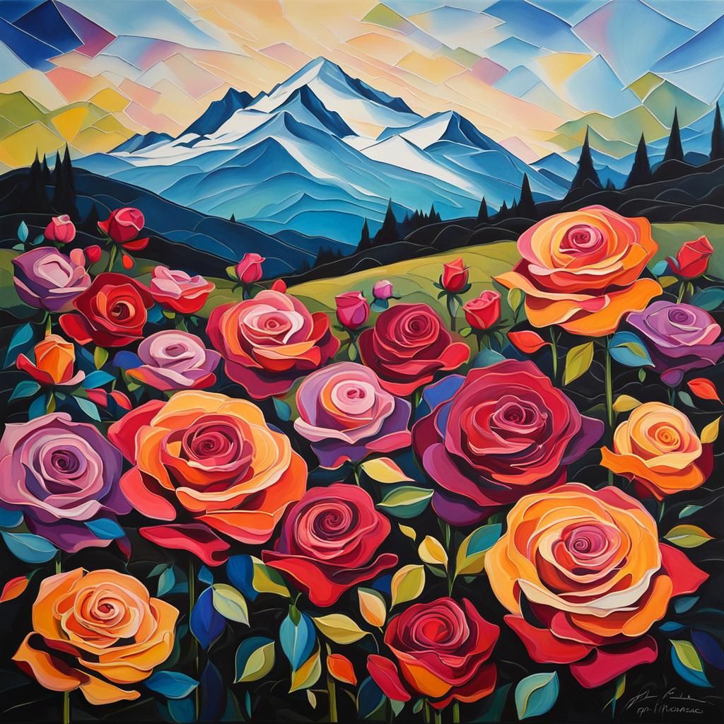 Colorful Roses Field with Mountain Backdrop in Abstract Art