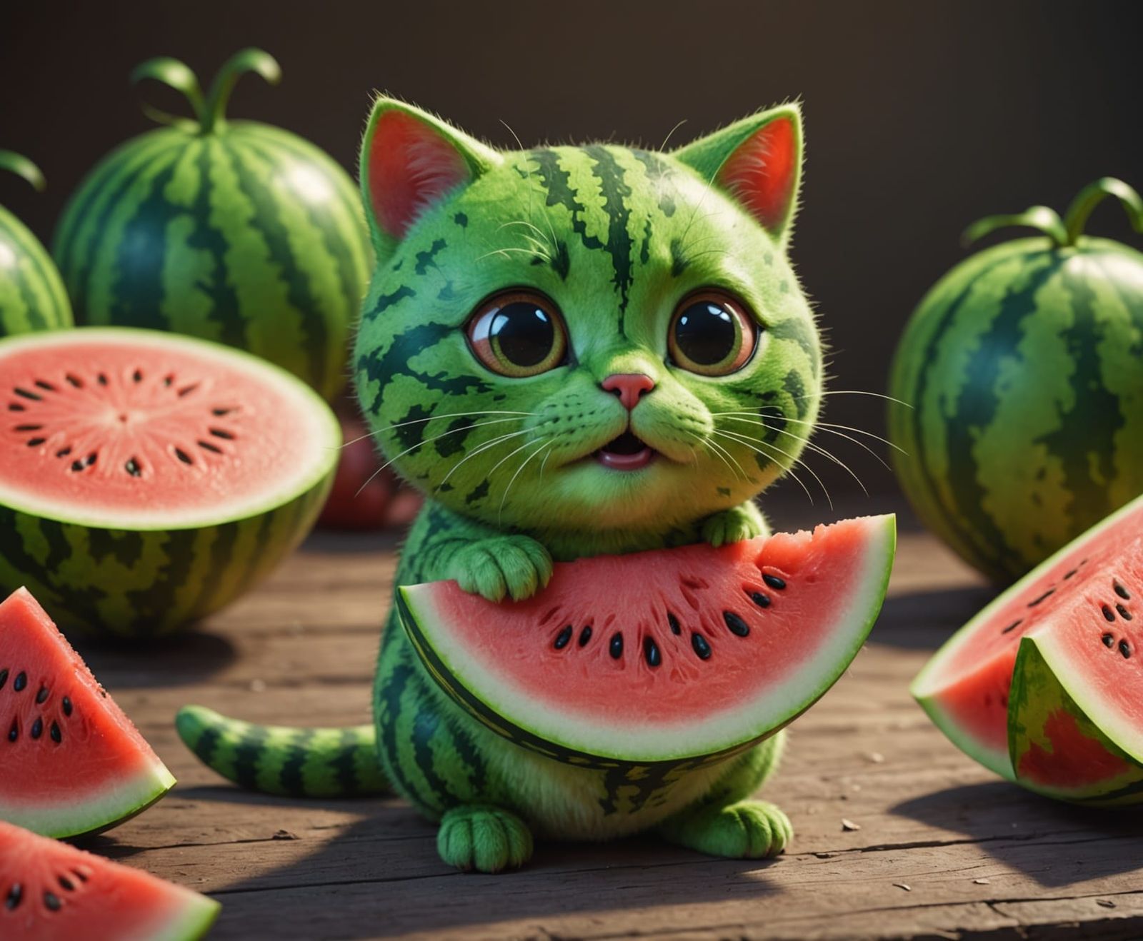 Whimsical Watermelon Cat in Pixar-Style Digital Art