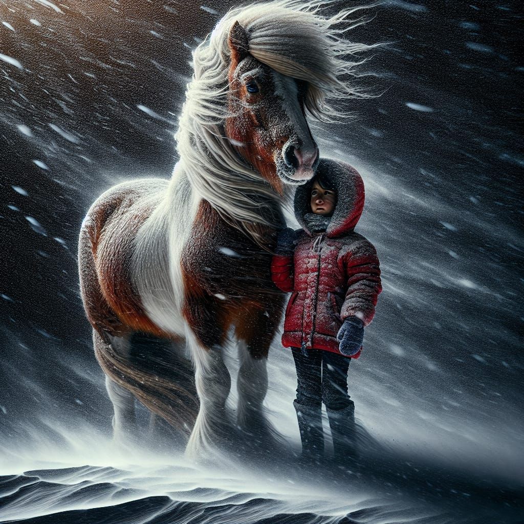 Shetland Pony Shields Young Girl from Fierce Blizzard