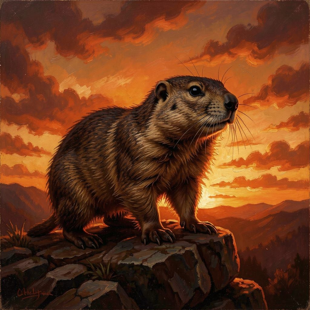 Groundhog Silhouetted Against Fiery Sunset Oil Painting