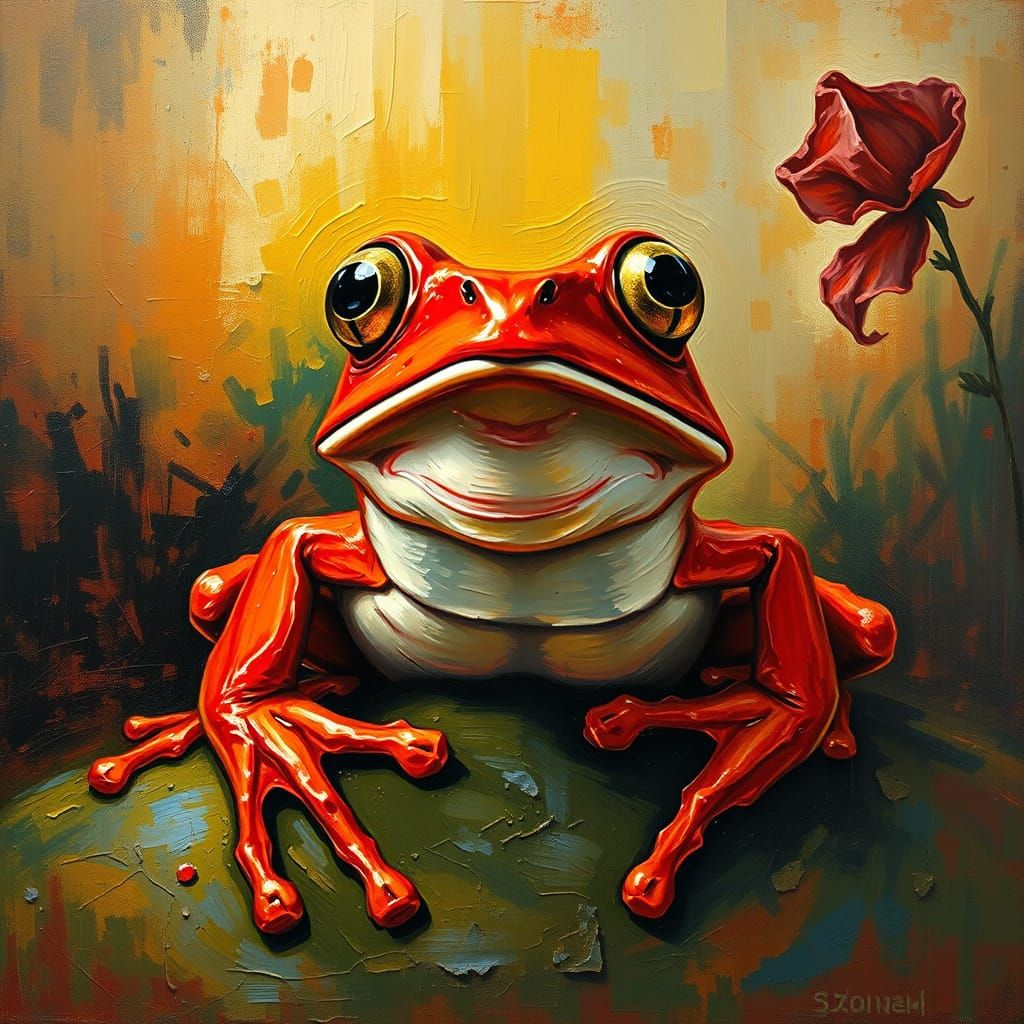 Startled Red Frog in Expressionist Style