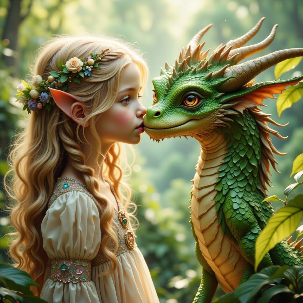 Girl Kisses Green Dragon in Pastel Fantasy Land