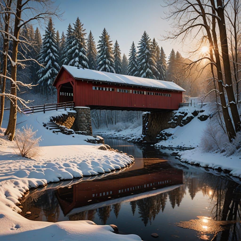 Serene Winter Landscape with Rustic Red Bridge