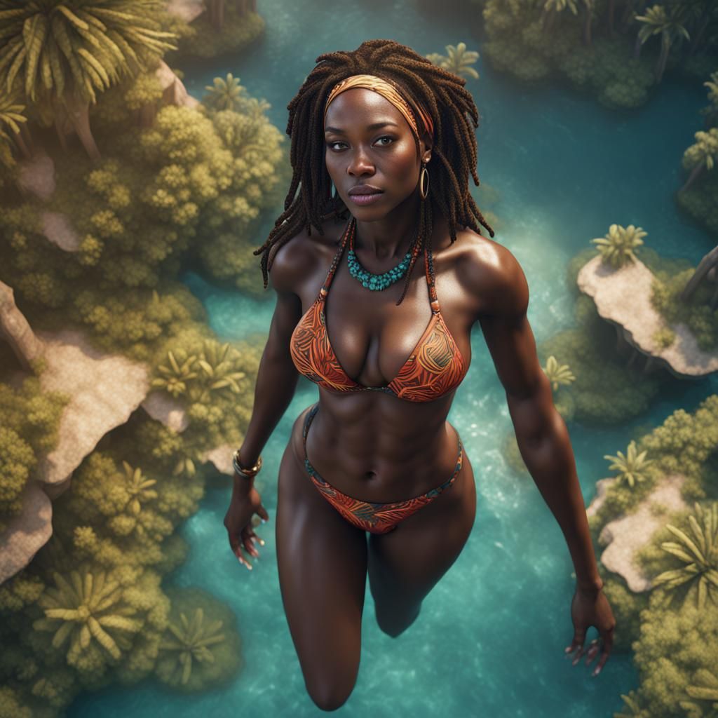 Kenyan Woman Swimming: Detailed Fantasy Concept Art
