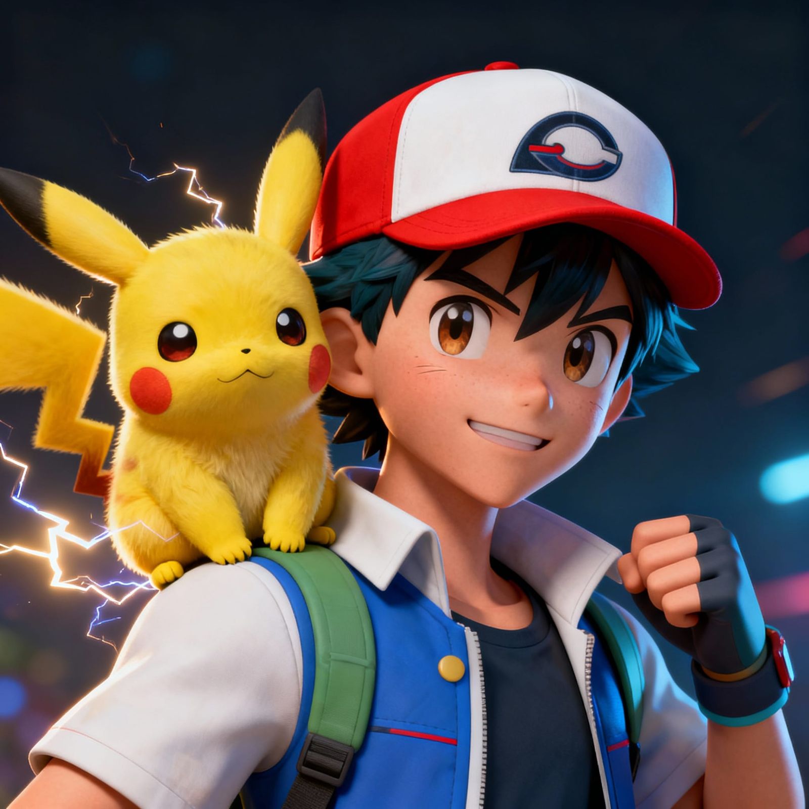 Pikachu on Ash's Shoulder in 3D Anime Style