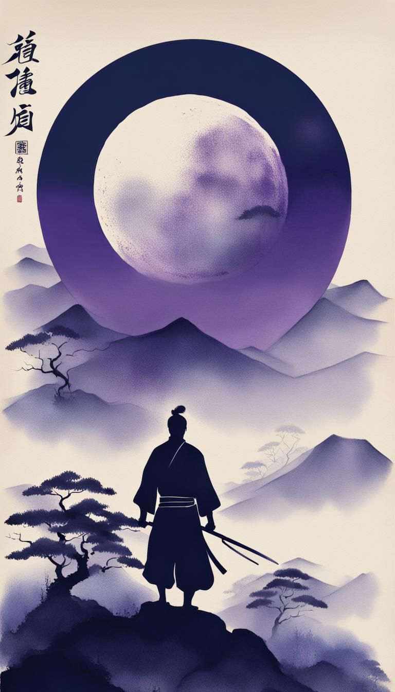 Minimalist Chinese Ink Painting of Swordsman Under Moon
