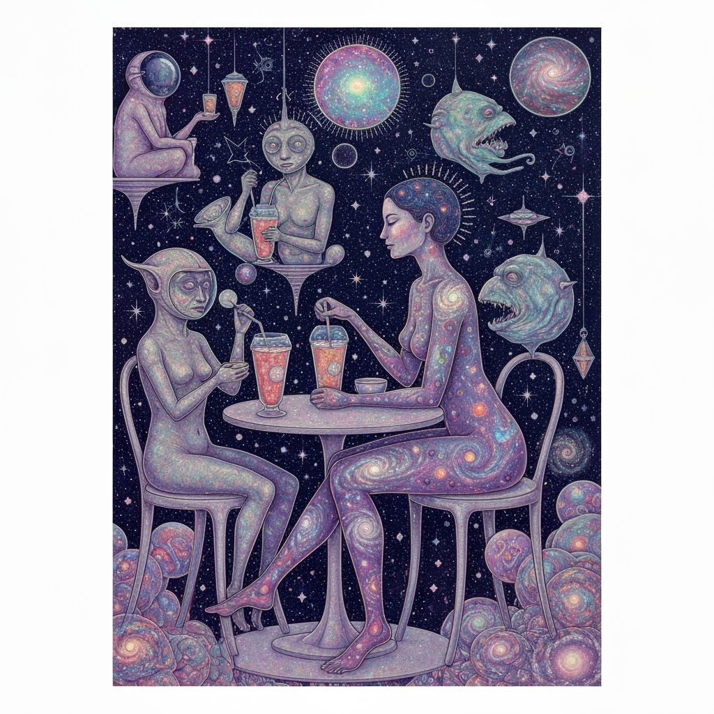 Cosmic Cafe Scene with Celestial Woman, Ethereal Art