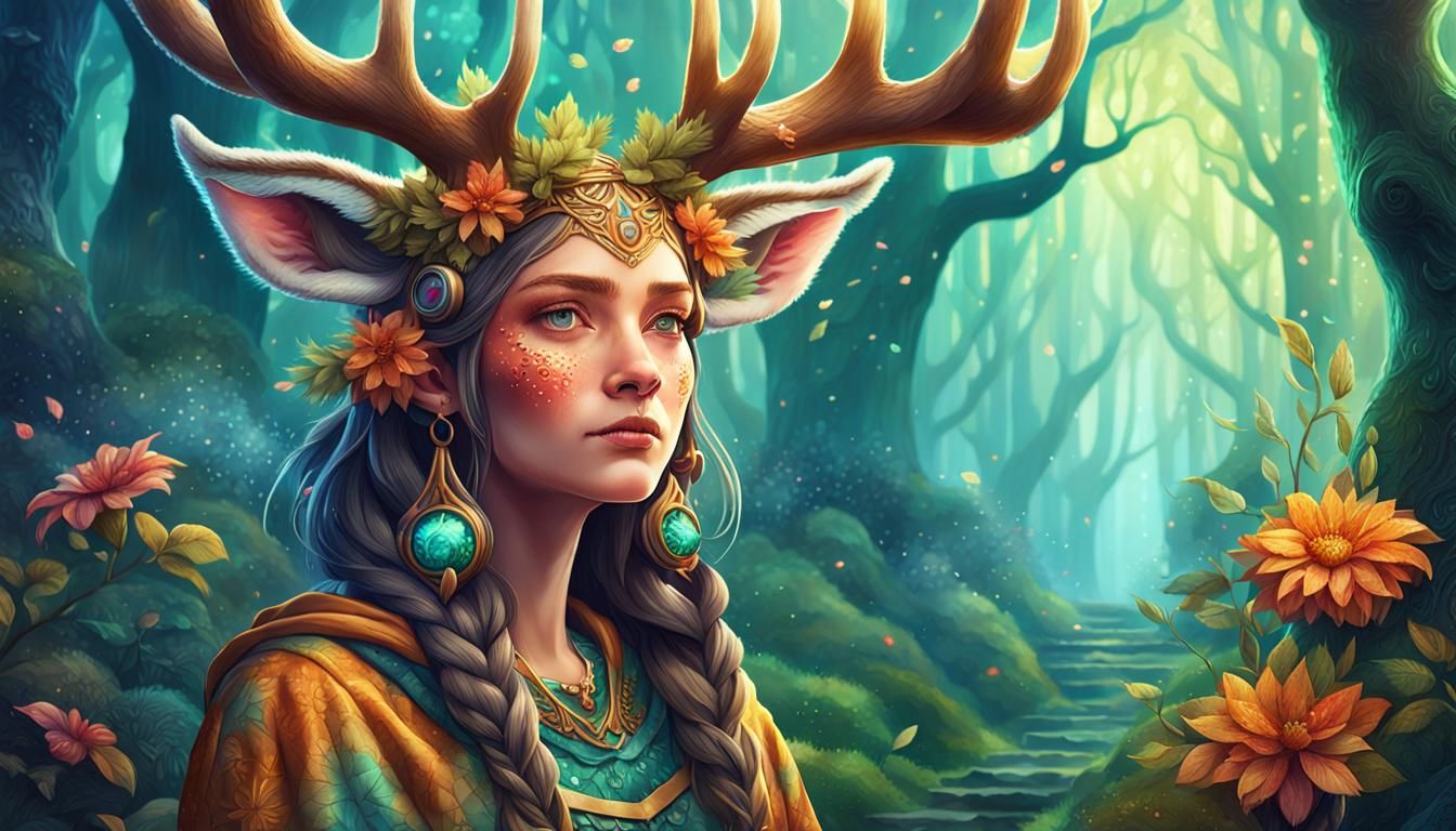 Beautiful Deer Woman in Magical Forest