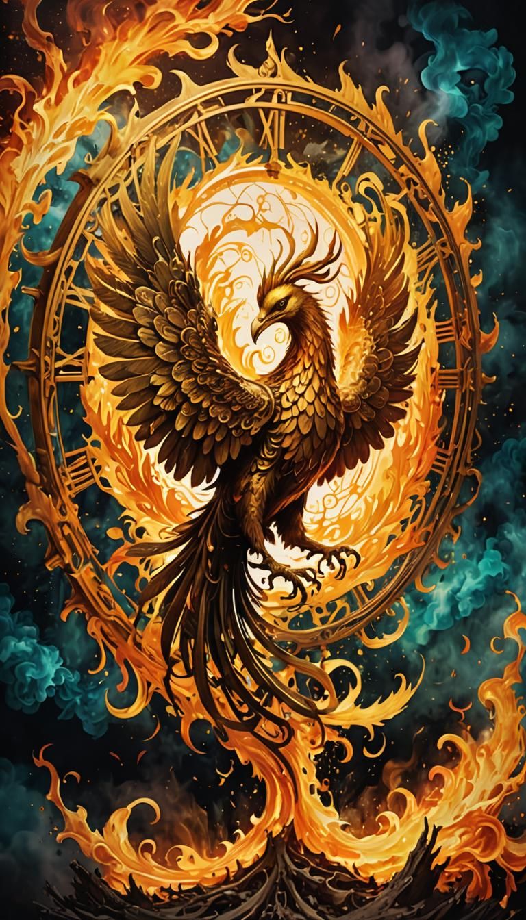 Golden Phoenix Splash Art in Surreal Style