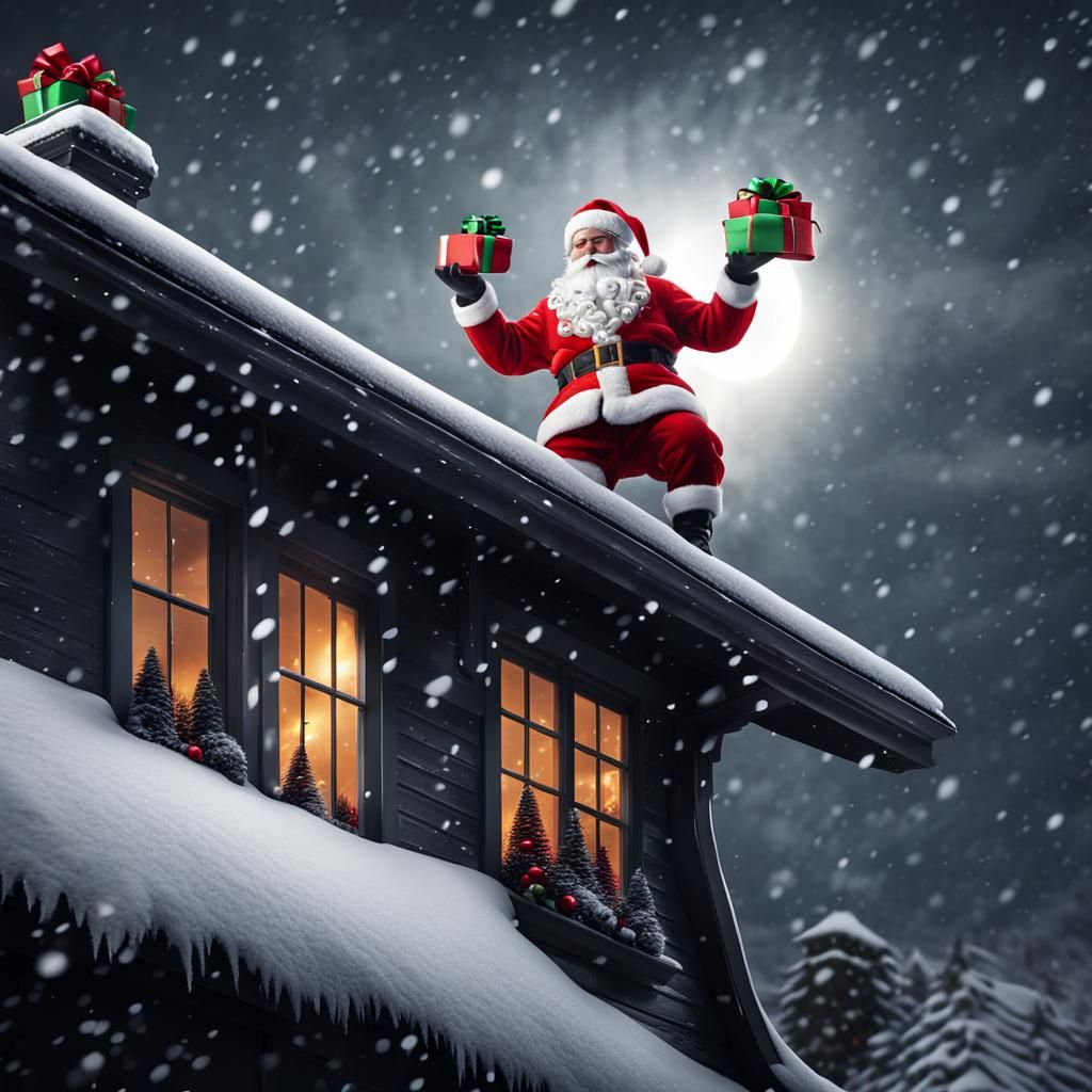 Vintage Black and White Santa on Snowy Rooftop