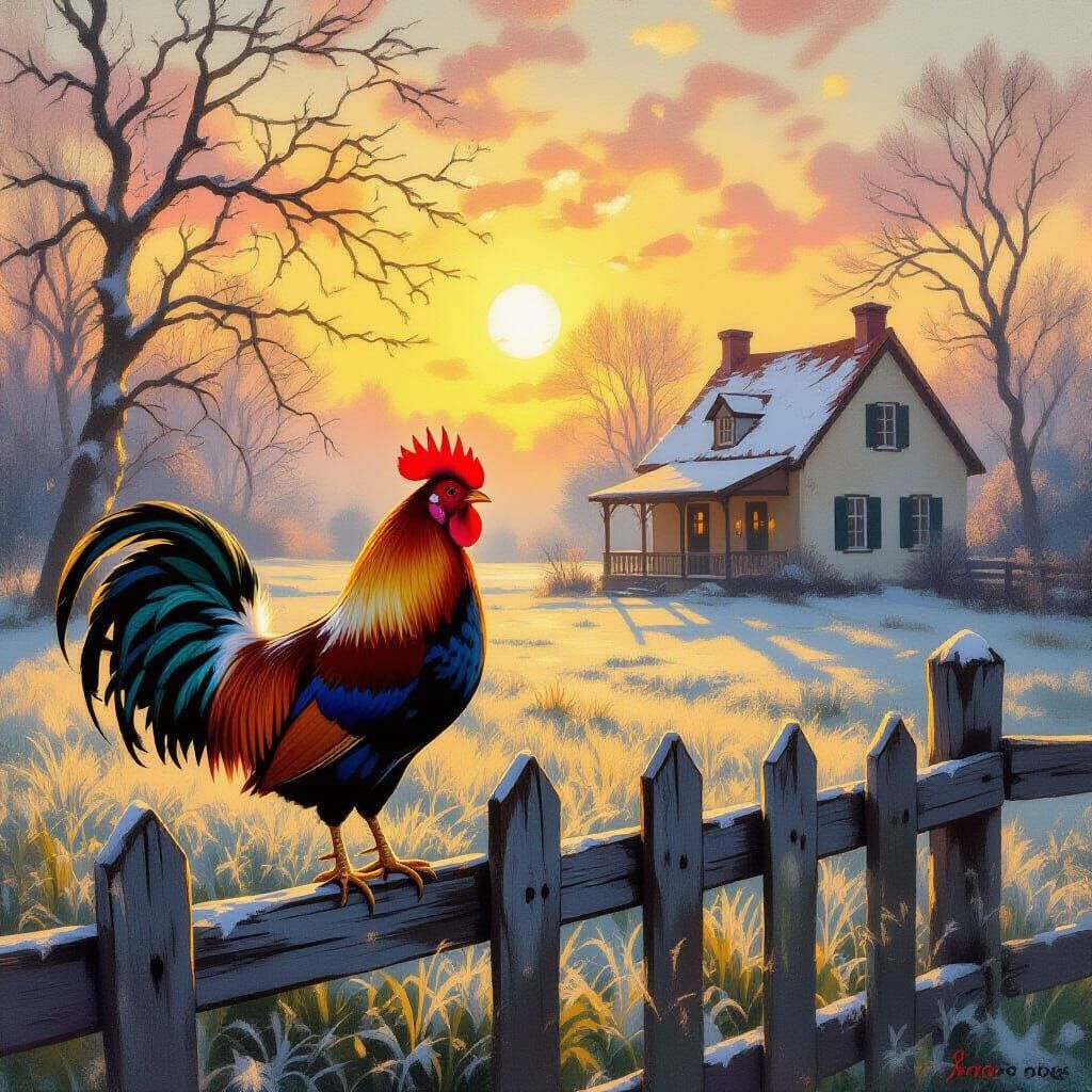 Rooster Crowing at Sunrise Over Dreamlike Winter Home