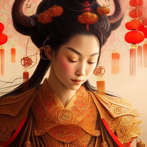 Chinese New Year Goddess Portrait in Art Nouveau Style