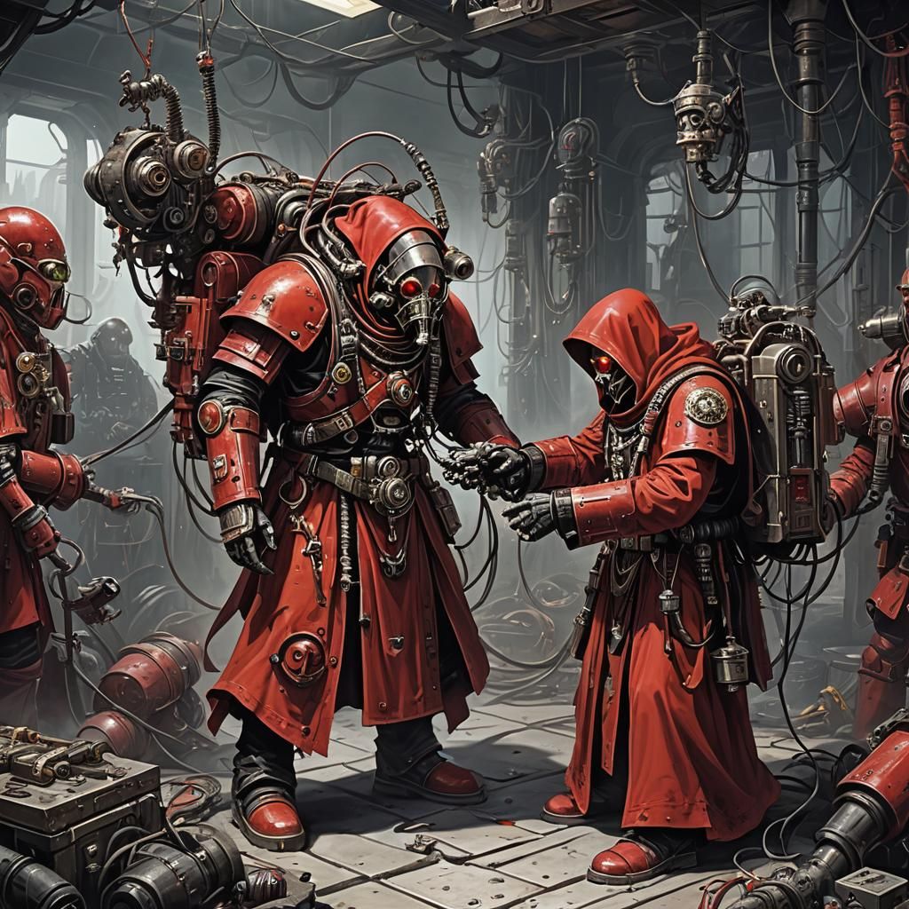 Warhammer 40k Tech-Priest Repairs Servitor: Dark Fantasy Art