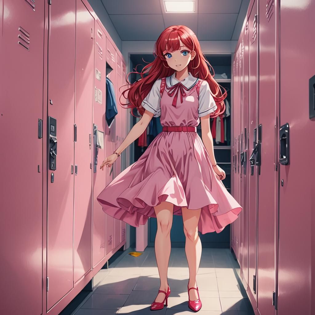 Confident Girl with Pink Dress Opening Locker, Anime Style