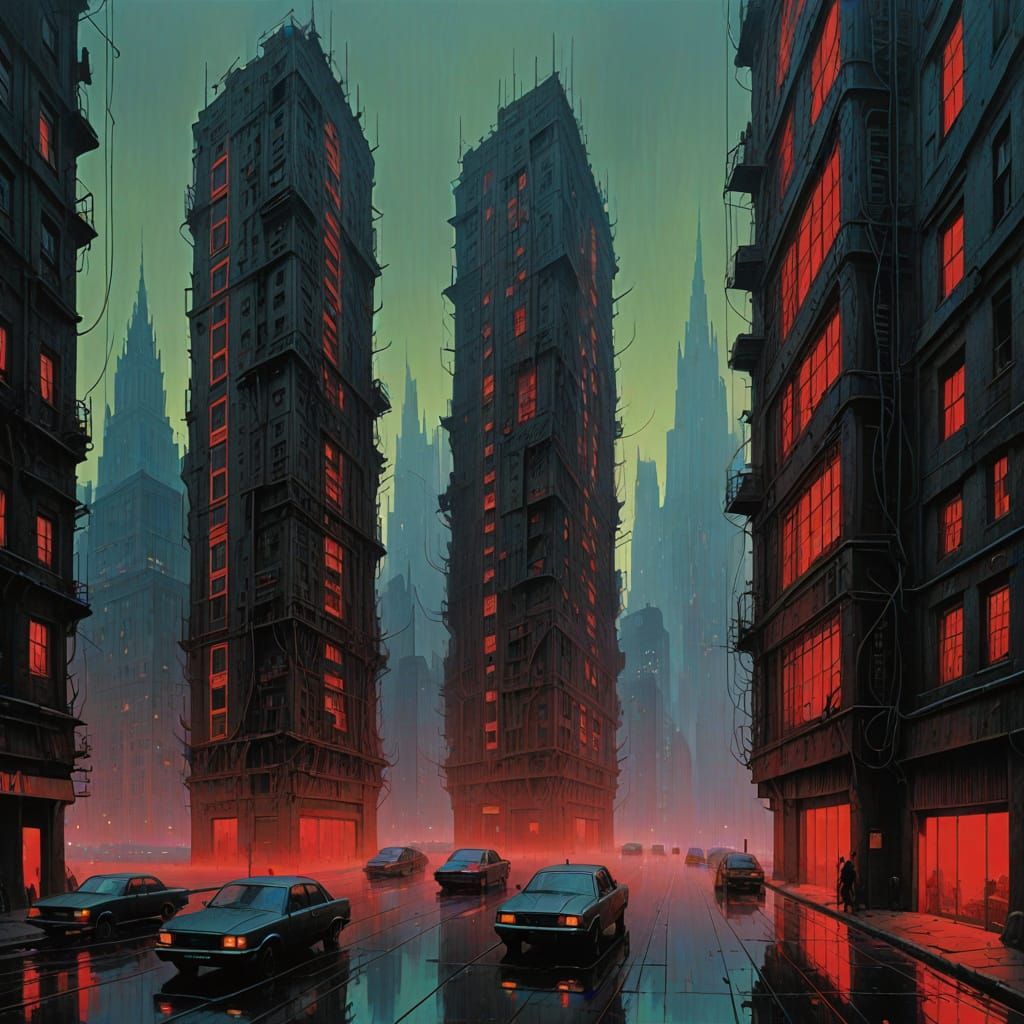 Gothic Skyscrapers in Crimson Twilight
