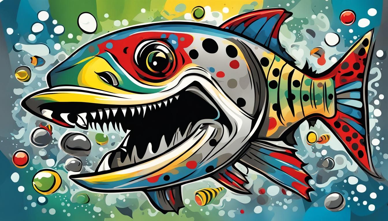Cartoon Barracuda Graffiti Art in Abstract Ocean