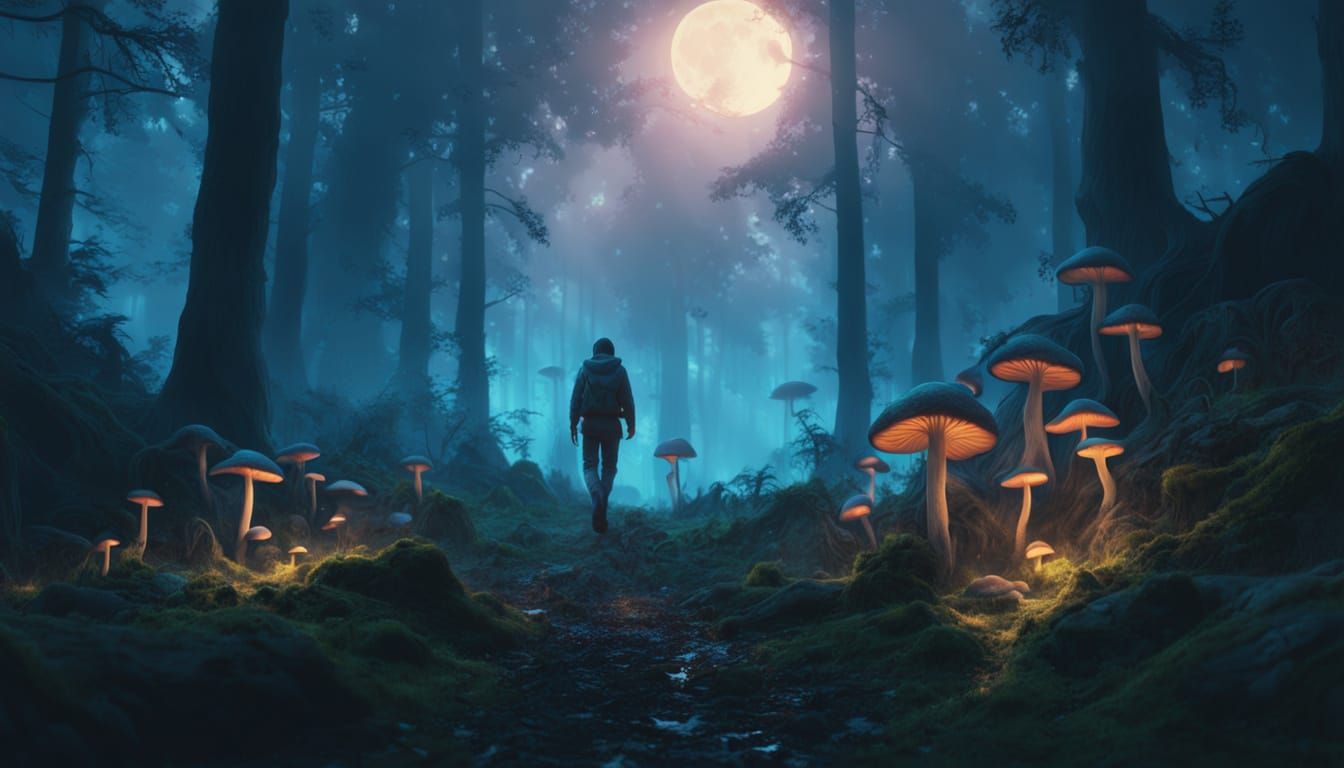 Hunter in Sapphire Moonlight: An Oil Painting