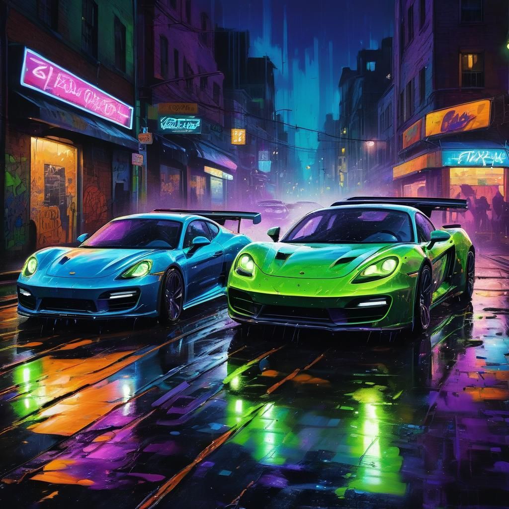 Vibrant Street Art: Sports Cars Racing at Night