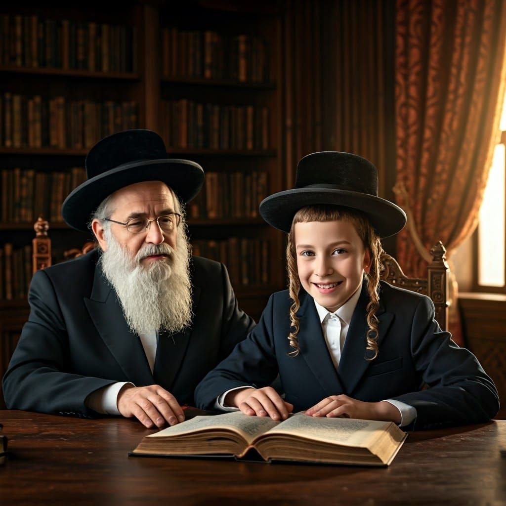Joyful Ultra-Orthodox Boy Studying in Golden Light