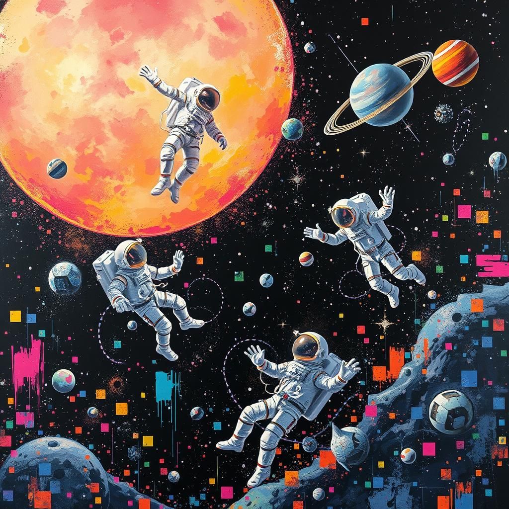Astronauts in Pixelated Space Graffiti Art