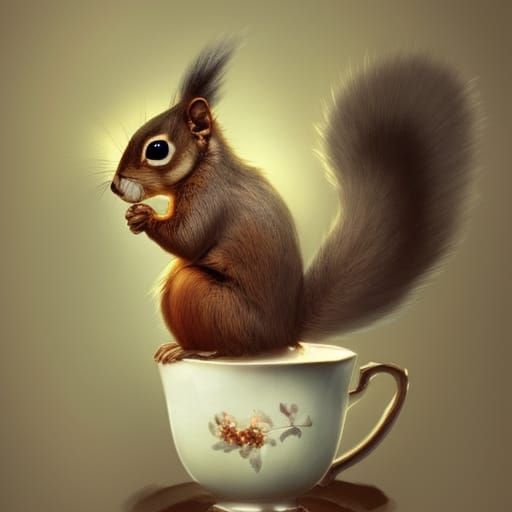 Squirrel Portrait in Teacup, Digital Art
