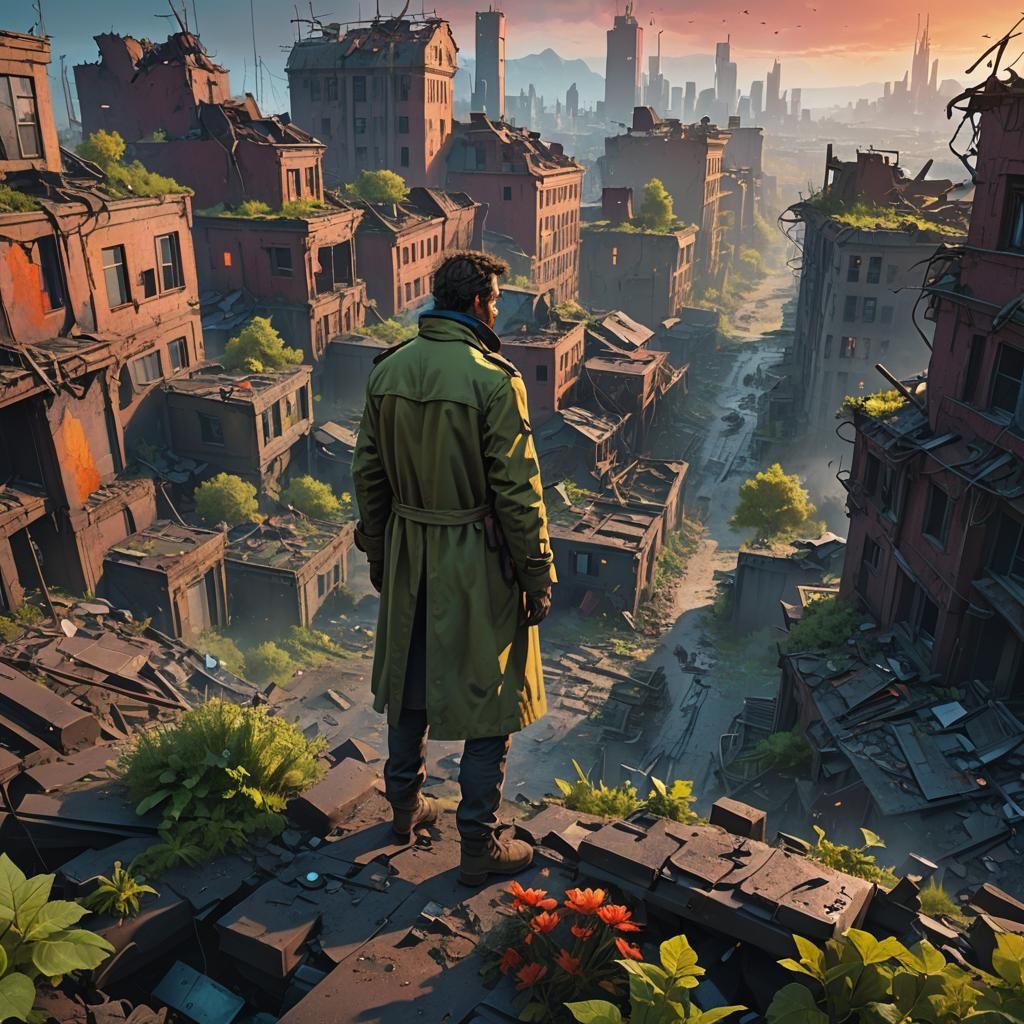 Heroic Figure in Ruined Cityscape as Digital Art