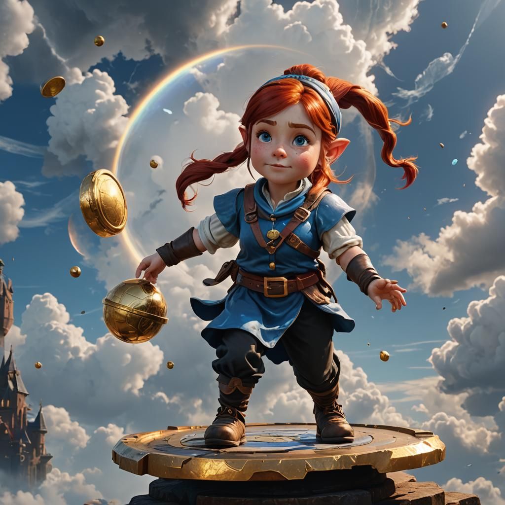 Gnome Girl Floating on Disk in Game Cinematic Style