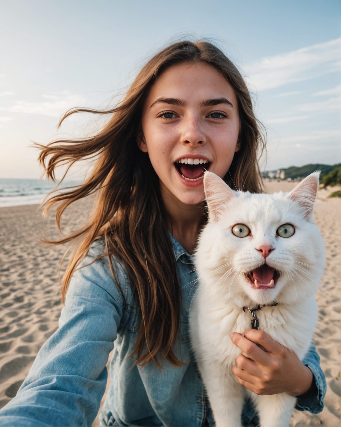 Humorous Beach Selfie Interrupted by Screaming Cat