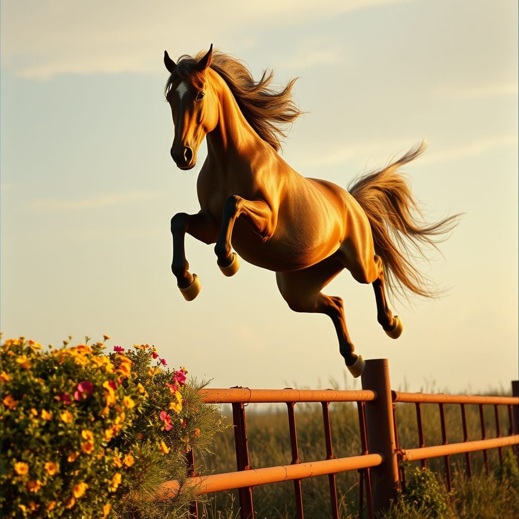 Majestic Horse Soars Over Iron Barrier with Vibrant Wildflow...