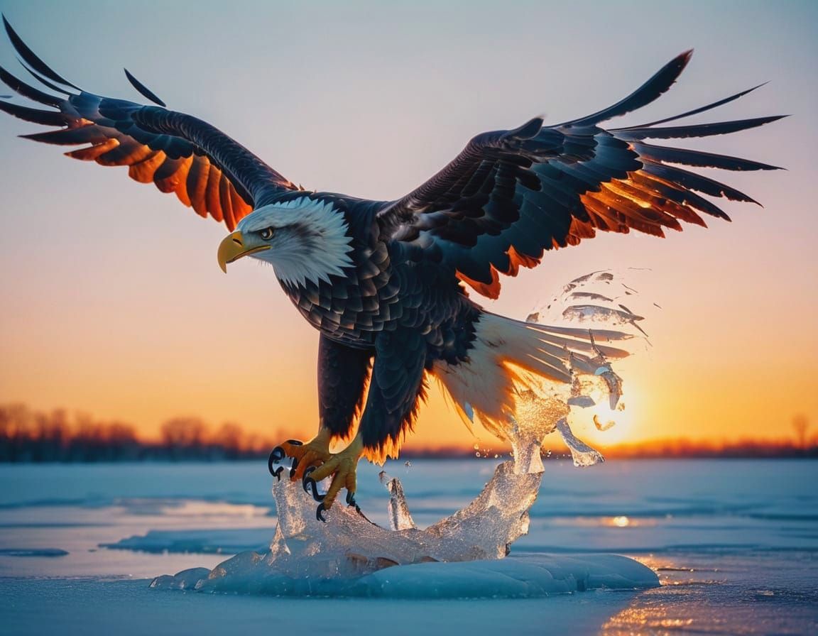 Bald Eagle in Flight Catches Fish at Sunrise