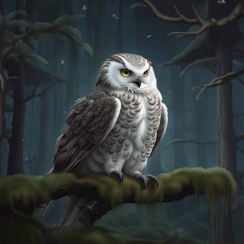 Majestic Snowy Owl in Moonlit Forest