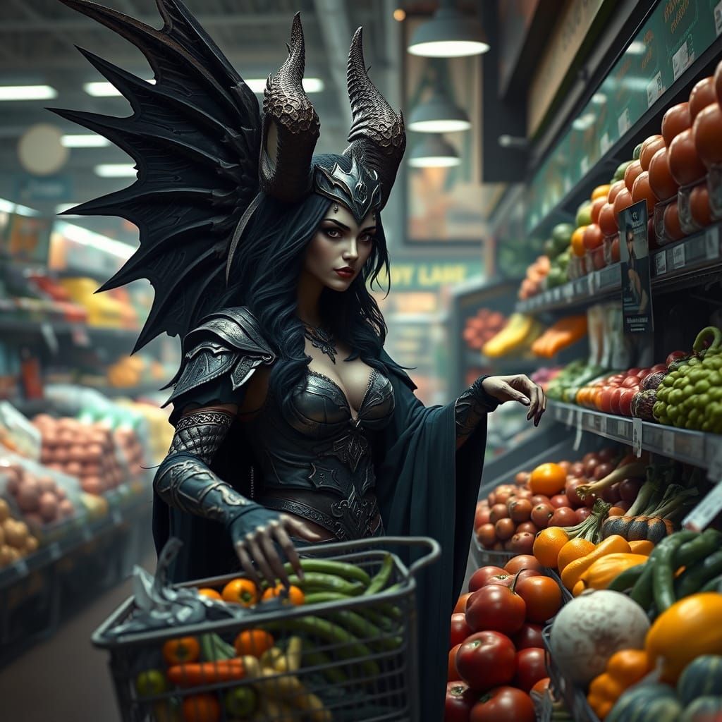 Goddess of War Morrigan Surrounded by Grocery Store Fruits a...