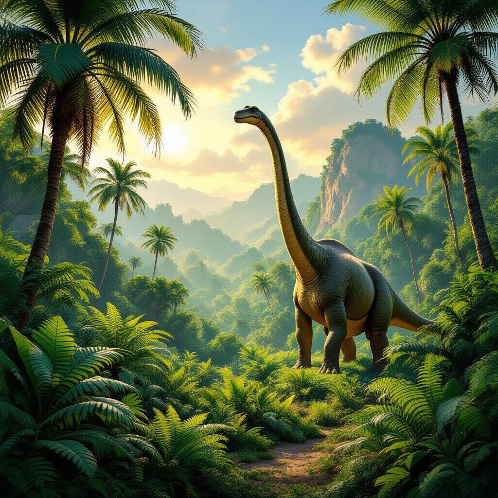 Lush Jurassic Jungle with Brachiosaurus in Matte Painting