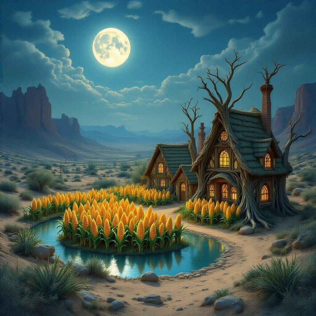 Moonlit Desert Oasis with Tree Houses in Arts and Crafts Sty...