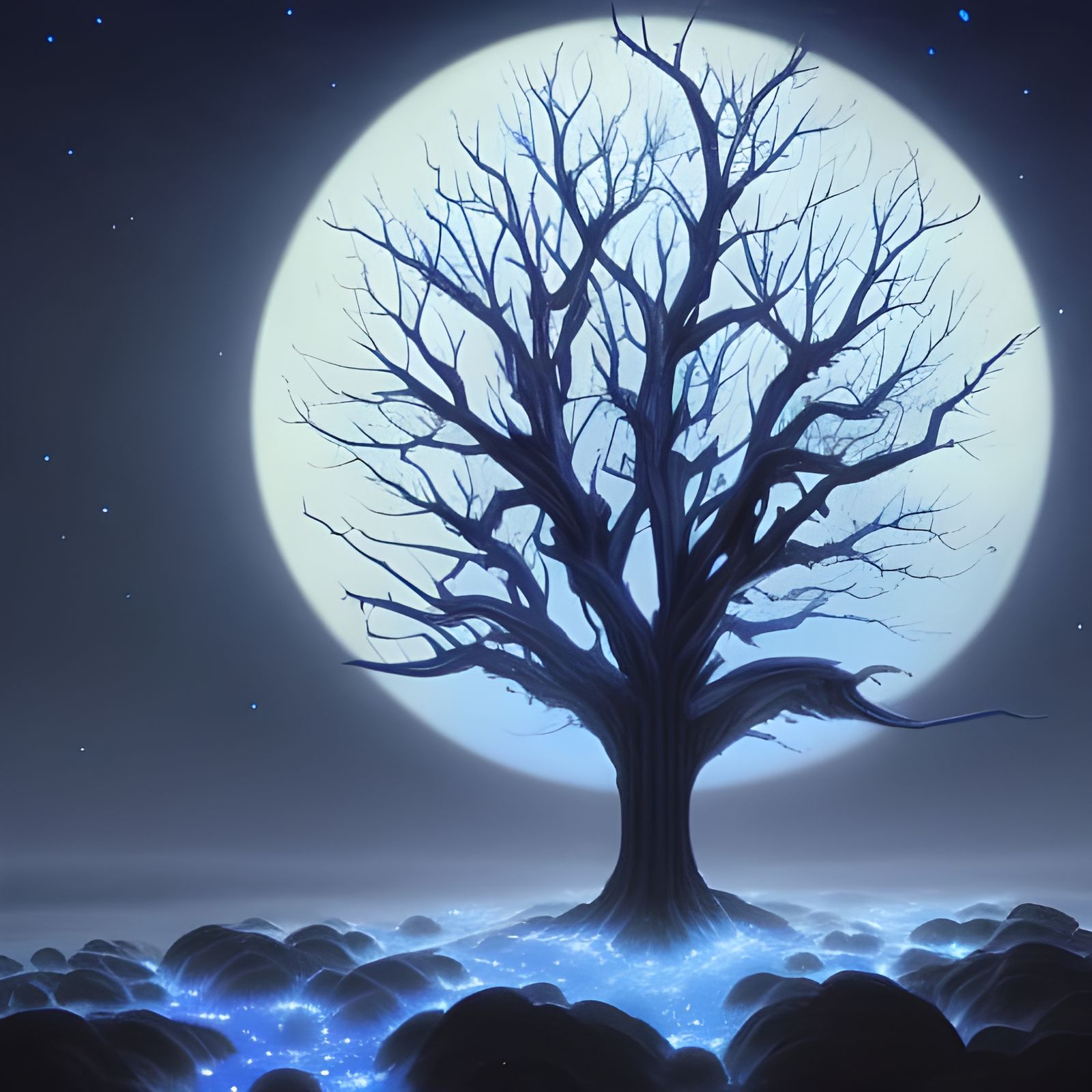 Thrilling Night Tree with Moon, Detailed Oil Painting