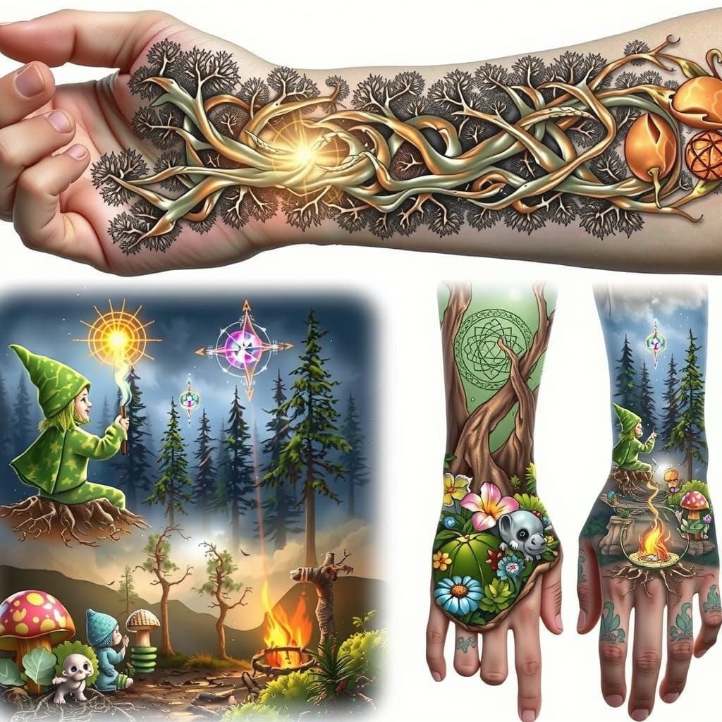 Enchanted Nature Arm Tattoo Sleeve in Sacred Geometry Style