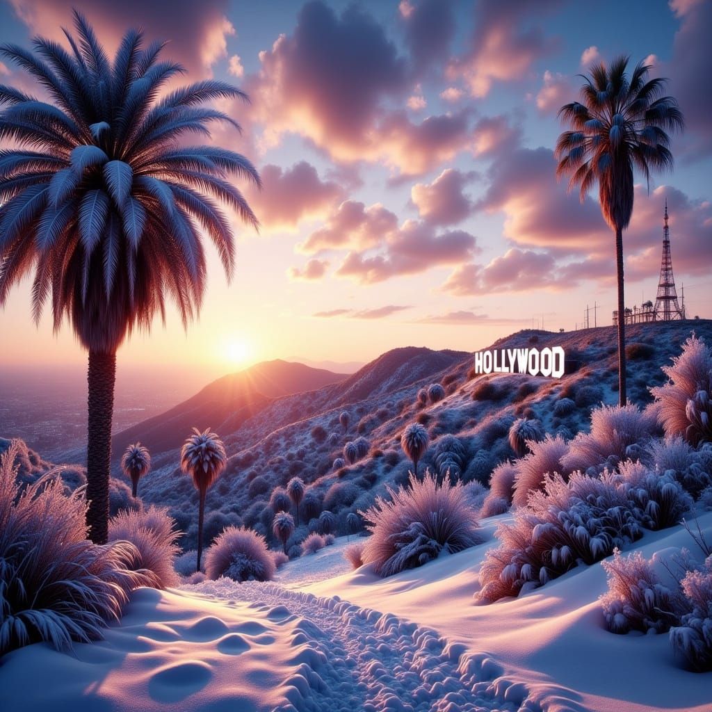 Hollywood Sign in Snow at Sunset