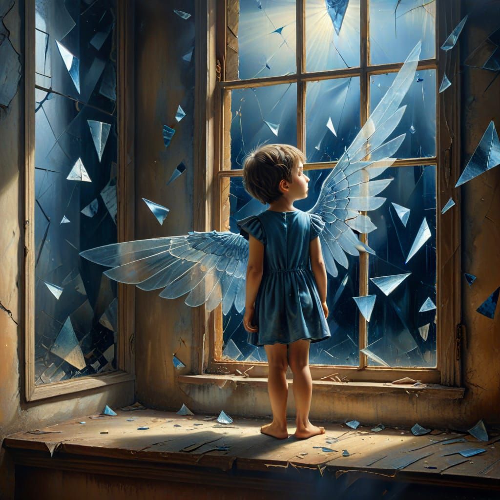 Surreal Child With Wings Near Shattering Window