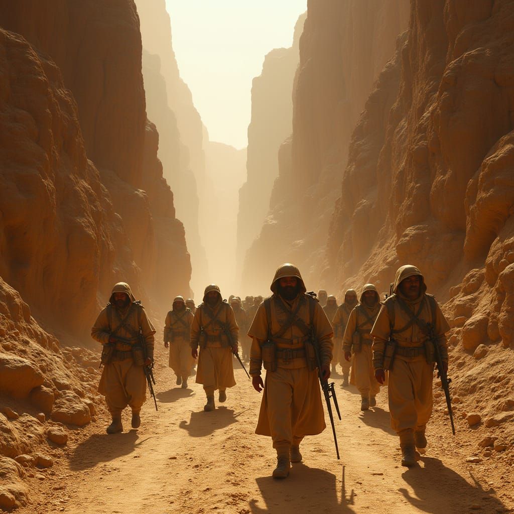 Egyptian Soldiers Marching Through Mountain Pass