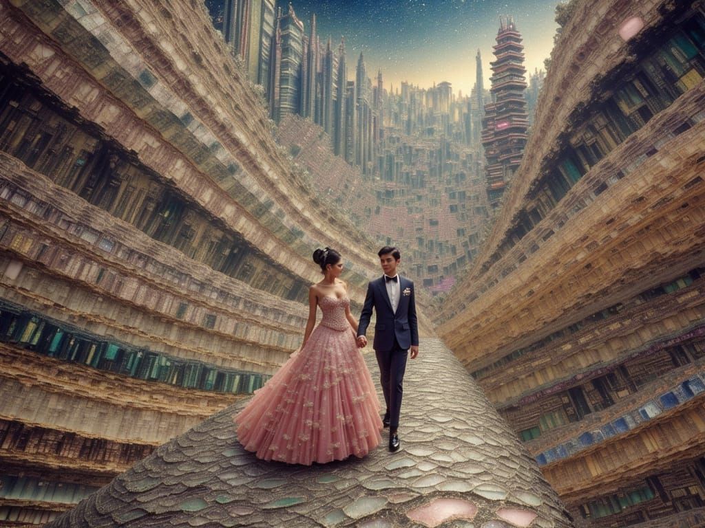 Couple Amidst Dystopian Skyscrapers in Ornate Style
