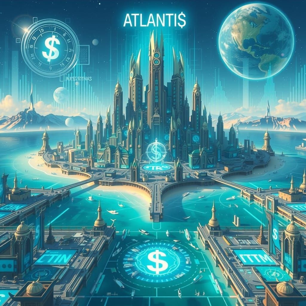 Utopian Future Atlantis Cityscape with Radiant Volumetric Li...