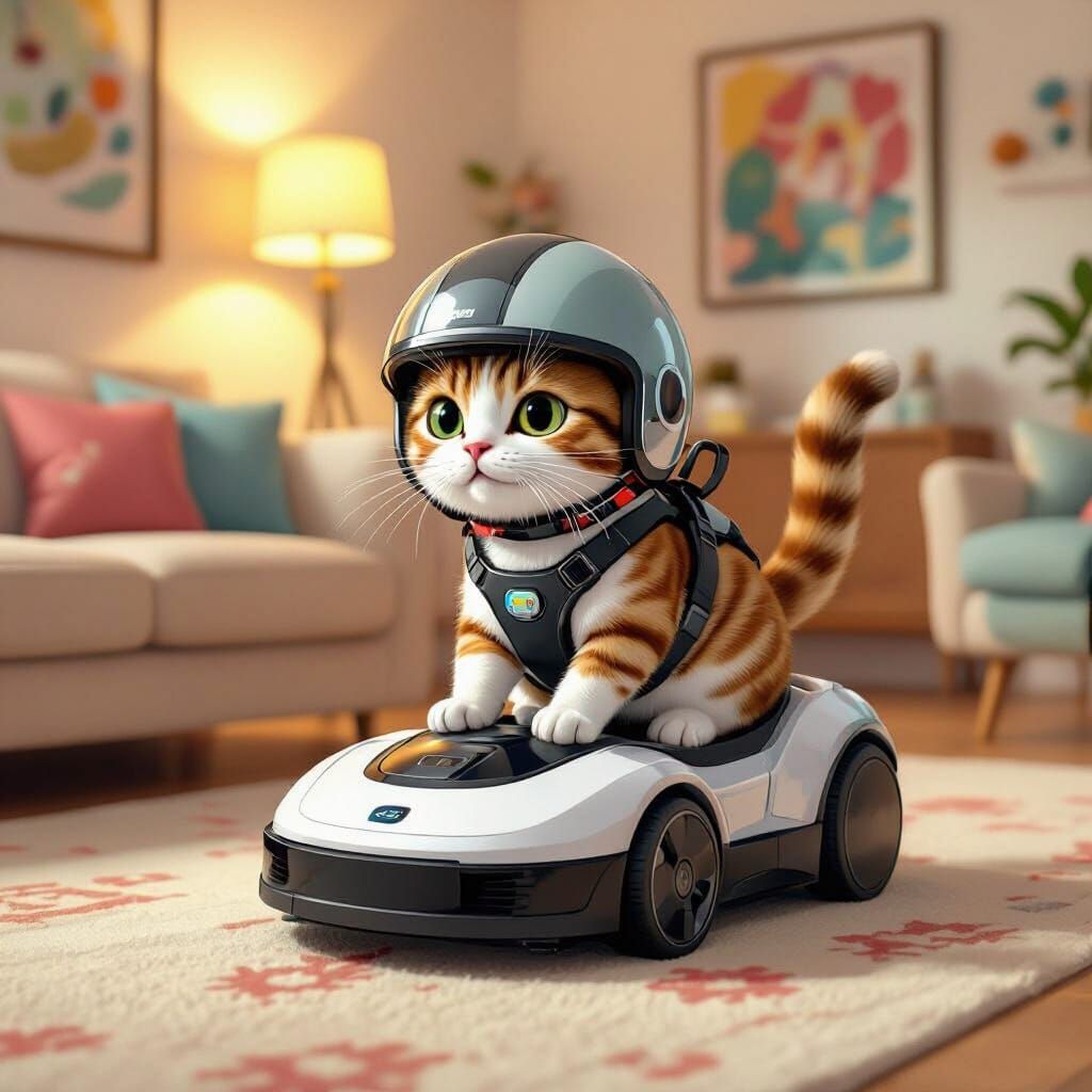 Whimsical Cat Rides Roomba Through Cozy Living Room