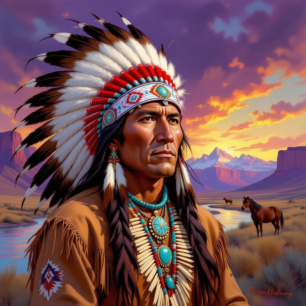 Native American Man in Buffalo Headdress with Mountain Backd...