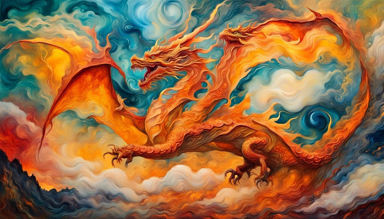 Dragon Soaring Through Clouds: Impressionist Landscape