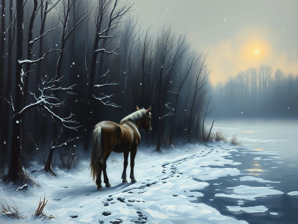 Snowy Evening Ride: Impressionistic Winter Landscape