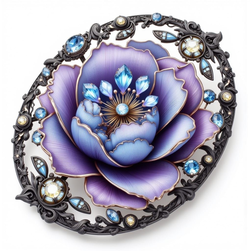 Art Nouveau Flower Brooch with Gems and Jewels