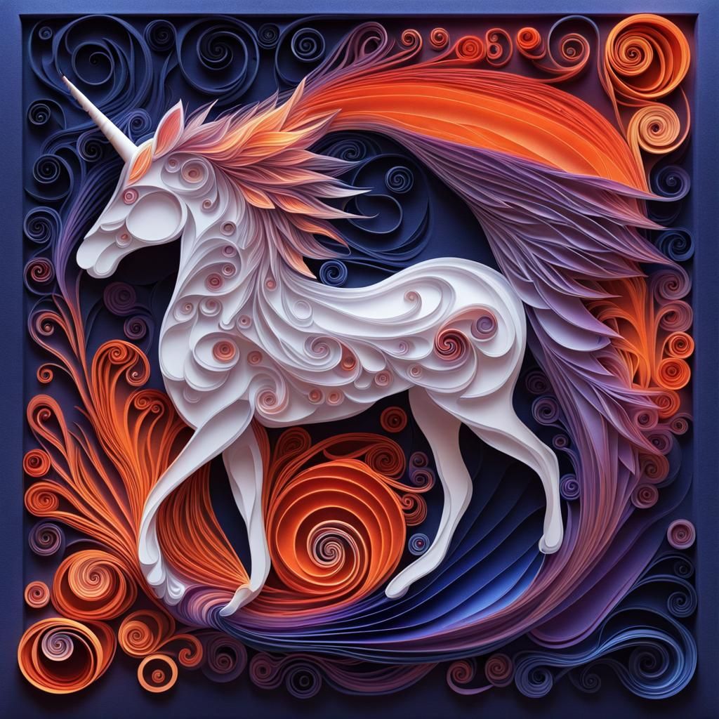 Winged Unicorn in Magical World: Fractal Paper Art