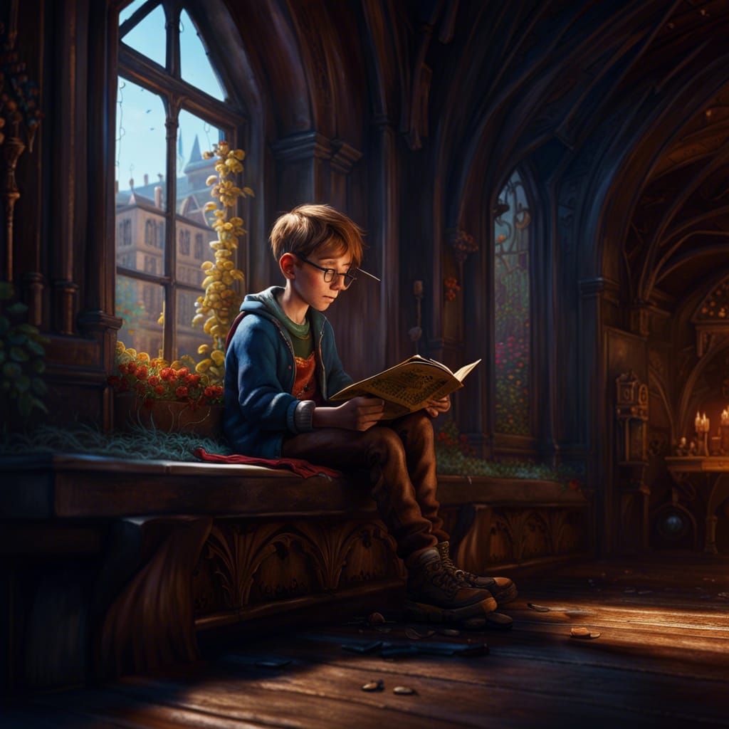 Boy Reading: Detailed Matte Painting in Deep Color